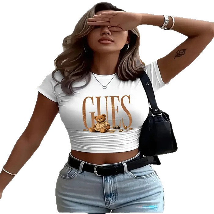 Casual Women's Cropped Printed T-Shirt round Neck Loose Fit Short Sleeve plus Size European American Style Top_ecoleips.com