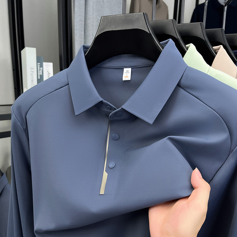 Cross-Border Foreign Trade Spring and Autumn Men's T-Shirt Ice Silk Long-Sleeve Casual Polo Shirt with Collar Wholesale Customization