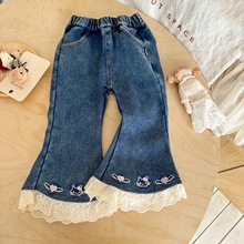 女童加绒裤子2025新款洋气韩版儿童宝宝软糯花边牛仔裤直筒长裤潮