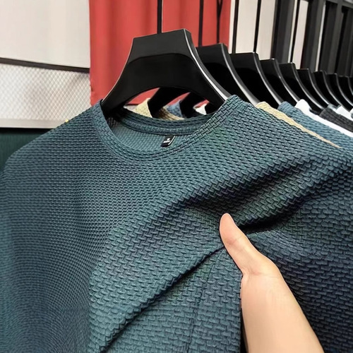 Ice silk T-shirt men's short-sleeved 2025 summer new bamboo jacquard top cool breathable elastic base shirt versatile