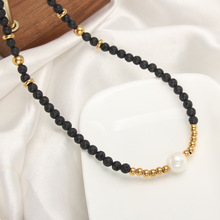 跨境欧美火山石不锈钢珠珍珠串珠项链简约时尚女天然石饰品
