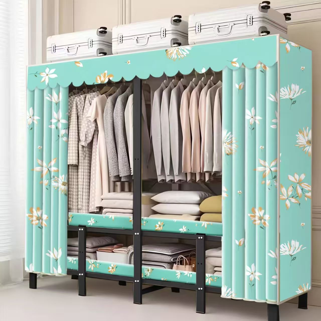 Wardrobe for Home Bedroom, Installation-Free Folding Simple Cloth Wardrobe for Rental Housing, All-Steel Frame, Strong and Durable Wardrobe