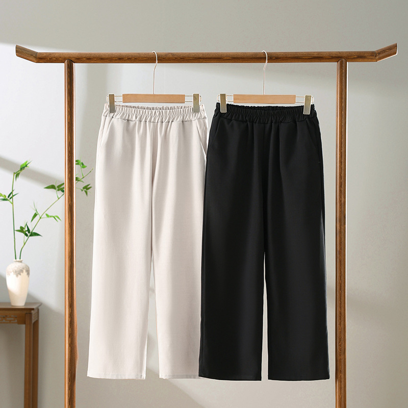 Qiao Yaying Middle-aged and Elderly Women's Summer Cropped Pants for Outer Wear Loose Loose plus size Straight Pants for Mothers