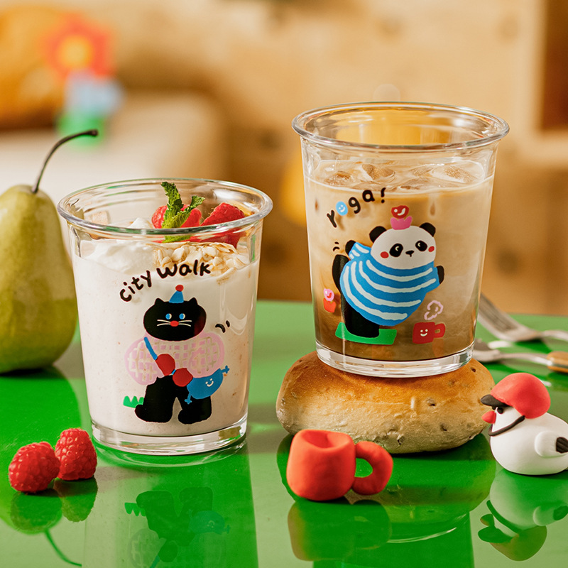 熊猫玻璃水杯加厚款咖啡杯冷饮果汁咖啡家用网红喝水杯子