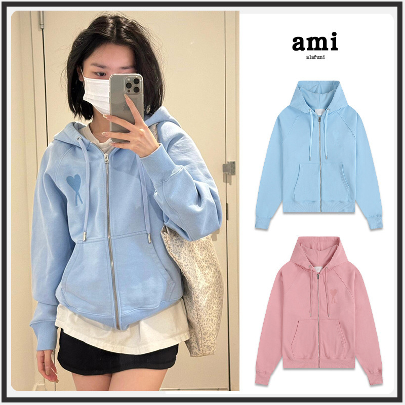 Cross-border AMI zip-up hooded sweatshirt 2025 new model trendy brand heart embroidered cardigan sports top jacket