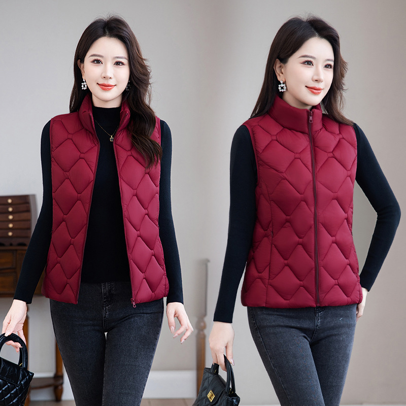 2025 mujeres otoño invierno collar cuadrilátero de diamante grueso chaleco de algodón delgado grueso suelto cremallera bolsillo de algodón clip
