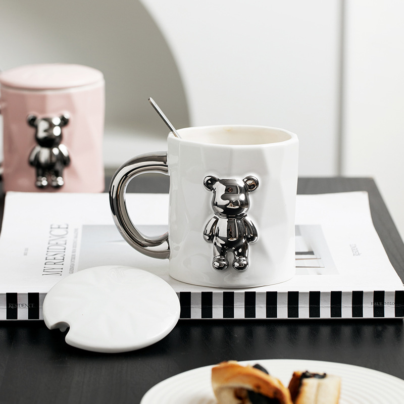 Oso tridimensional ins estilo Taza de cerámica con tapa cuchara personalidad tendencia Internet celebridad chica Oficina beber taza de té
