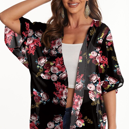 Women's Western-style sunshade wrap dress with floral chiffon top and kimono-style open jacket