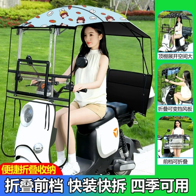 Elektromobil üçün ön şüşə çətiri (günlük) – foldable with sliding window - transparent-sliding-window-front-folding-panel-single-sided-blue-girl-the-car-has-a-rearview-mirror-for-photography