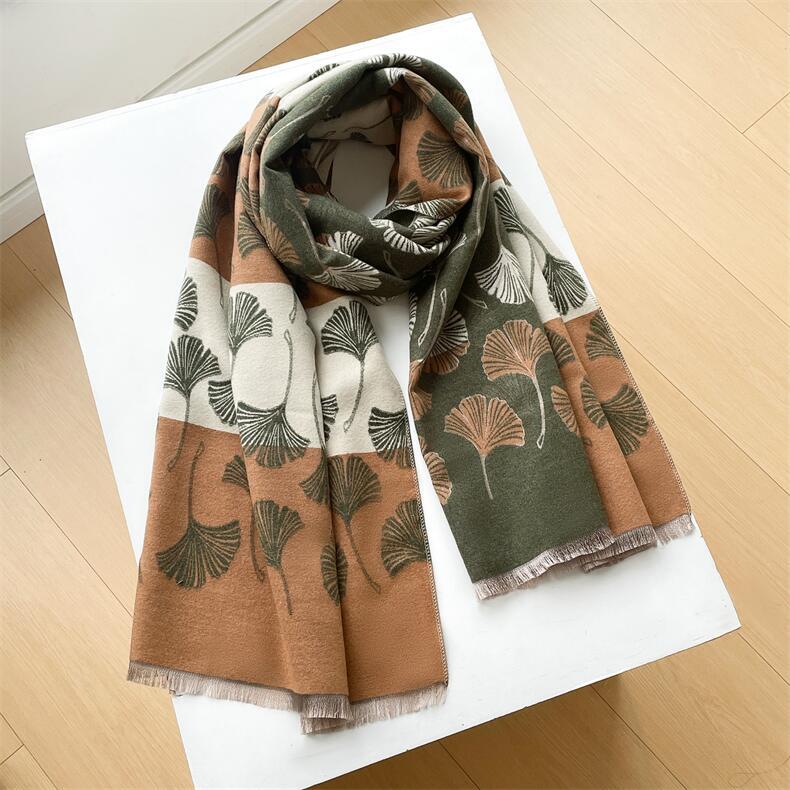 684g Weight Scarf Classification Outdoor, Daily Occasion Imitation cashmere Material Ginkgo Leaf Pattern Autumn&Winter Season Women's Gender Japanese Style, Sweet Style Women's Japanese Style Sweet Ginkgo Leaf Imitation Cashmere Scarf 10