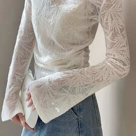 白色喇叭袖修身t恤春夏新中式国风竹叶提花收褶修身圆领长袖上衣