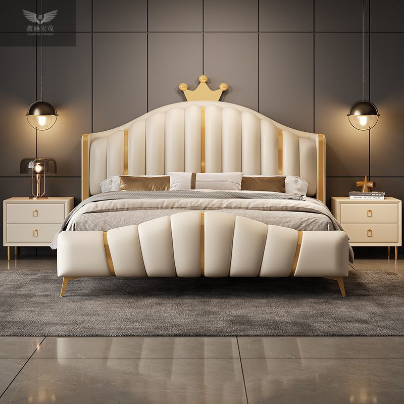 Cama de lujo moderna, cama de lujo, cama de cama de lujo, cama de cuero para adultos, cama doble, cama de cuero de alta gama, color crema