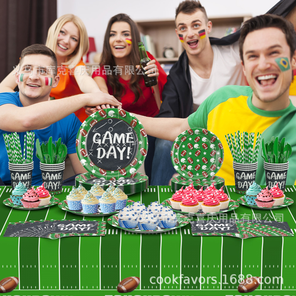 Amazon Super Bowl Party Decoration Rugby Plate de papel desechable tazas de papel bolos de bandera set globos