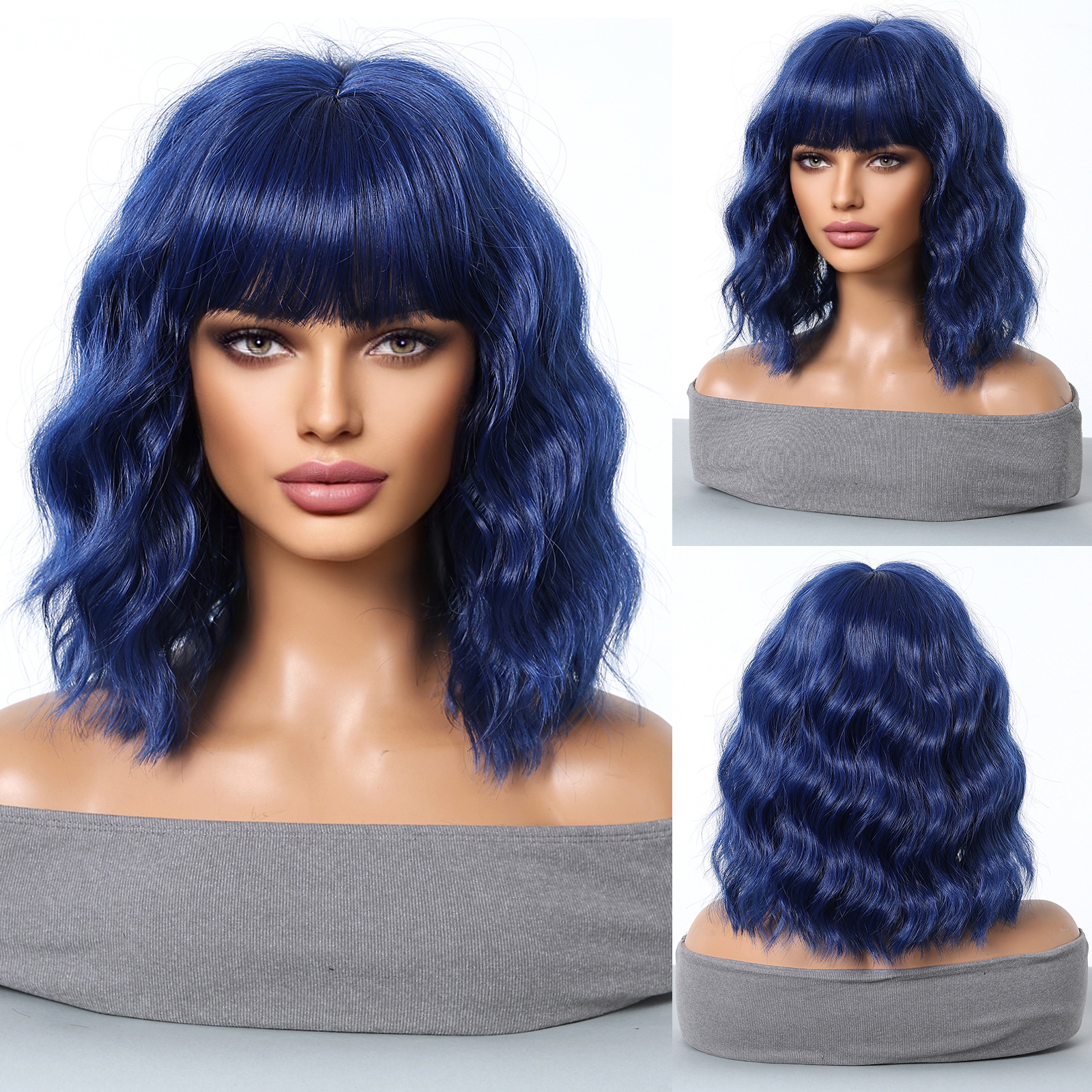 Peluca femenina pelo corto y rizado neto neto natural Qi flequillo realista Bobo cabeza dorada cubierta completa wigs spot
