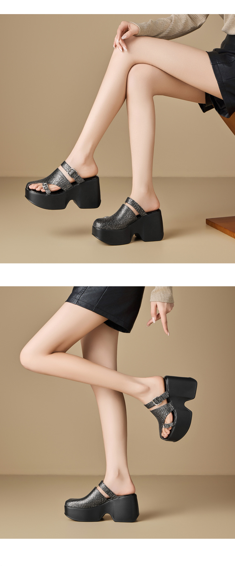 Sandal cao gót nữ đế xuồng platform 10 cm, mũi kín, quai ngang, dáng điệu nhẹ nhàng — màu đen, Vàng nhạt, bạc chi tiết 7