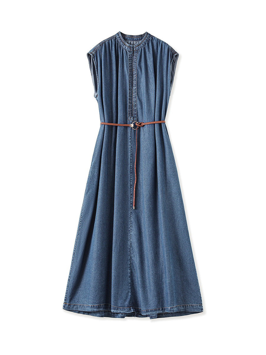 Váy liền denim Tiansi dáng maxi thắt eo phong cách Pháp mùa hè — Màu xanh lam