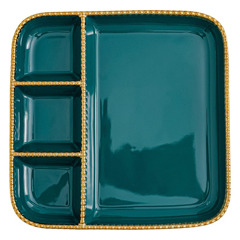 Estilo ins borde dorado con plato de vinagre Placa de dumpling hogar plato de merienda de tres rejillas de cerámica para una persona plato de desayuno de rejilla creativa