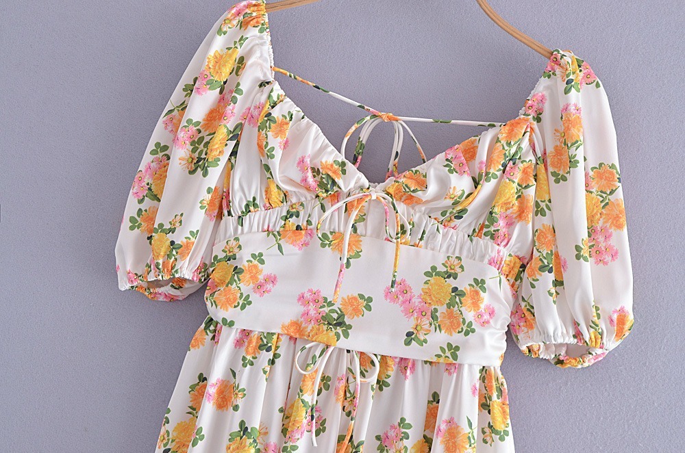 Floral Print Puff Sleeve Backless A-Line Dress NSXDX117350