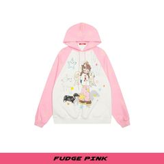 Fudge Pink 25秋季New甜美少女趣味图案撞色拼接套头连帽卫衣