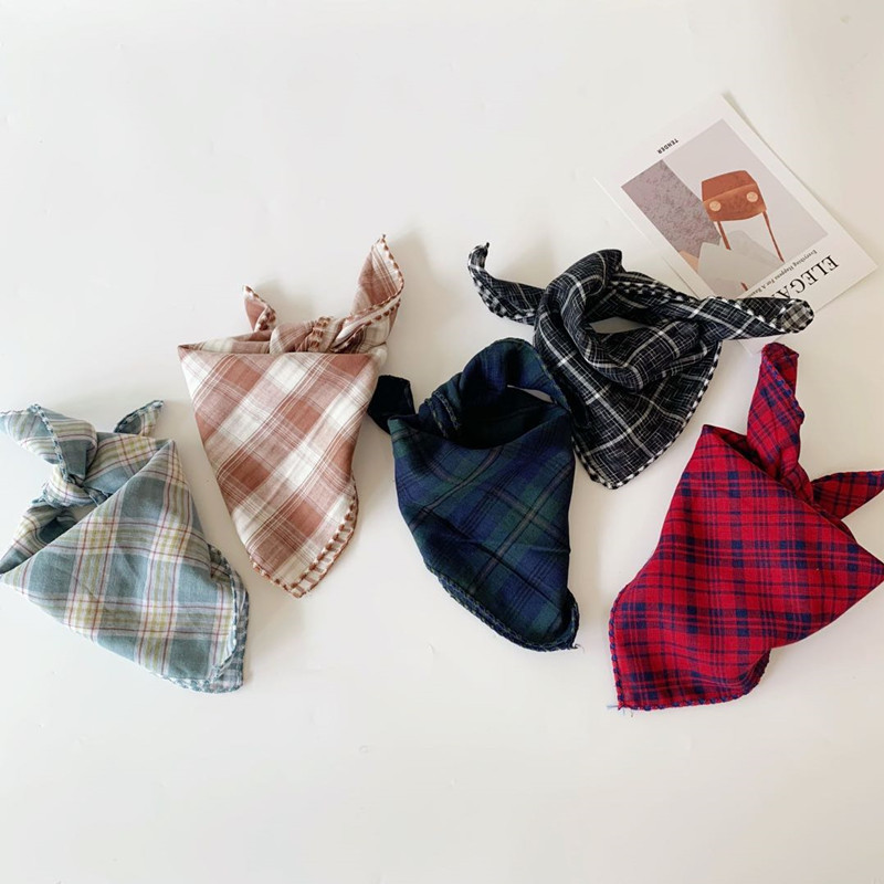 韩版宝宝三角巾棉方巾双面宠物纱巾格子口水巾三角巾围巾头巾厂家