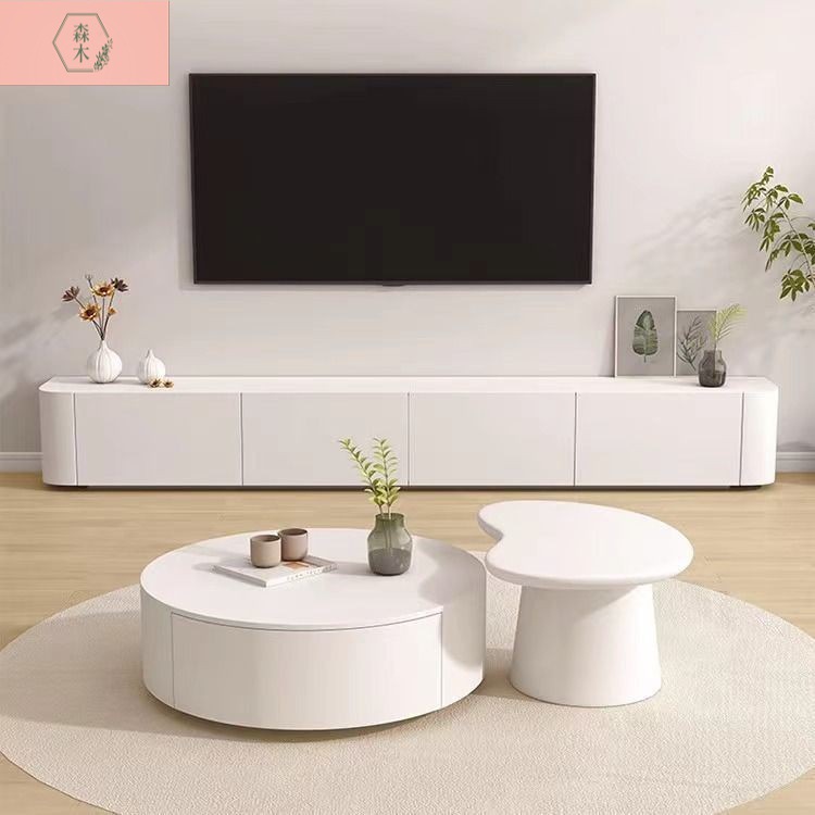 Modern Simple Painted Solid Wood Floor-Standing Tv Cabinet Light Luxury Hollow Small Apartment Light Luxury Rounded Corner Solid Wood Tv Cabinet
