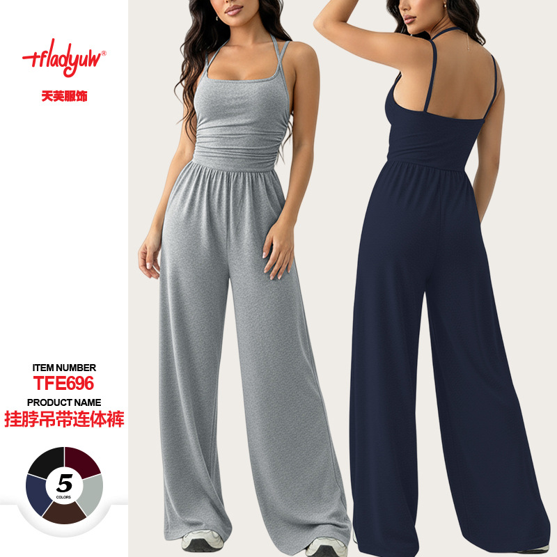 Cross-Border Black Suspender Waist Wide-Leg Jumpsuit Suit for Women Aliexpress Amazon Foreign Trade Best-Selling Fashion Model