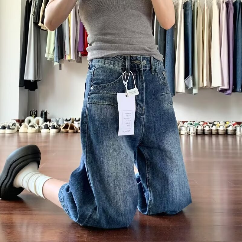 American-Style Dark Blue Wide-Leg Cropped Jeans for Women, 2025 Summer New High-Waisted Slimming Loose Straight Mid-Length Pants