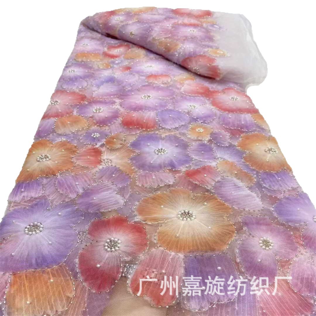 Proyecto pesado azul púrpura tubo de perlas de flores tela de malla pequeña fresca vestido infantil encaje image 6