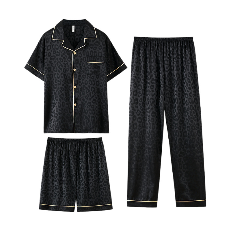 2024 Nuevos pijamas con estampado de leopardo de los hombres de manga corta de seda de hielo de verano Juvenil de alta calidad de seda para el hogar traje de tres piezas