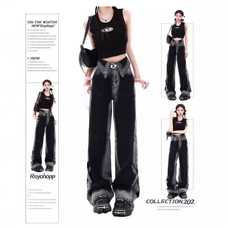 plus size Chubby Sister American Style Retro Lel Design Sense Contrast Color Jeans Women's Autumn High Street Straight Leg Wide-leg Pants