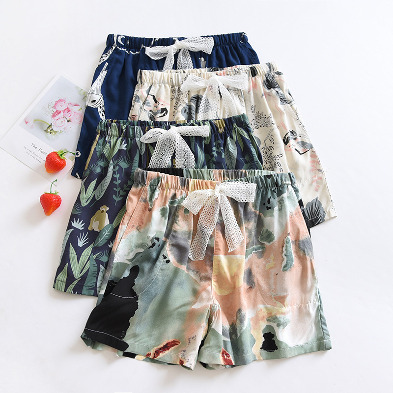 Lace Rayon Shorts Girl's Cool Three-point Pajama Pants Soft Cotton Silk Outer Wearing Artificial Cotton Home Pants with Side Pockets