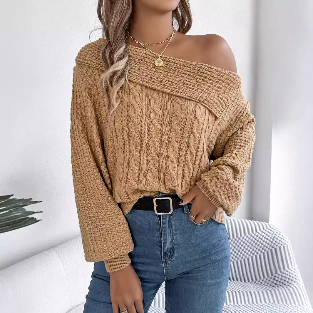Women's Clothing casual sexy lapel off shoulder twist long sleeved pullover sweater _voghion.com