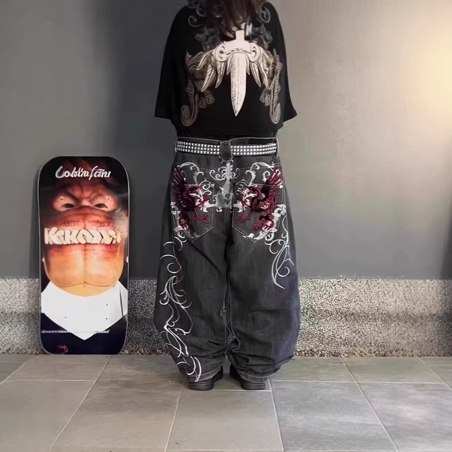 Men's Clothing Men's Dark Gothic Style Retro Straight Leg Jeans High Street Embroidered Pants For Formal & Casual_mkmklike.com