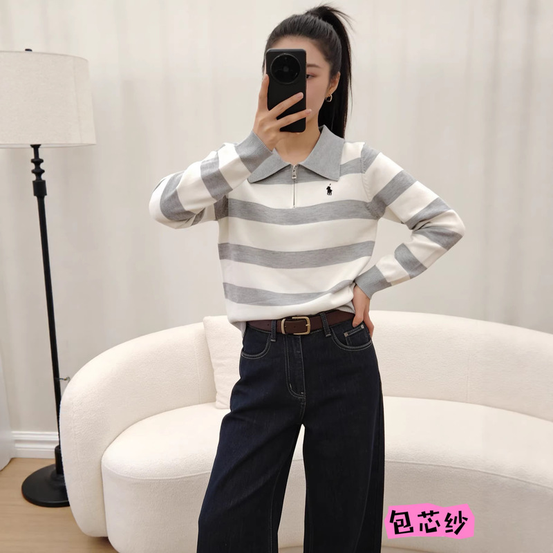2026 Spring and Summer New Versatile Fashion Style with Lapel, Half-Zip, Color-Block Stripes, Loose Long Sleeves 2026 Spring and Summer New Versatile Fashion Style with Lapel, Half-Zip, Color-Block Stripes, Loose Long Sleeves