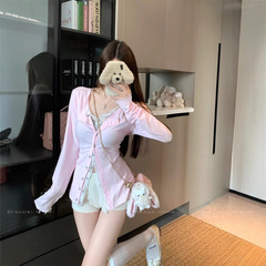 设计感辣妹风蕾丝拼接长袖T恤女装秋季小众别致假两件开衫上衣服
