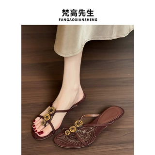 羊皮版波西米亚风夹趾细跟凉拖鞋女夏外穿时尚人字拖水钻夹脚拖鞋