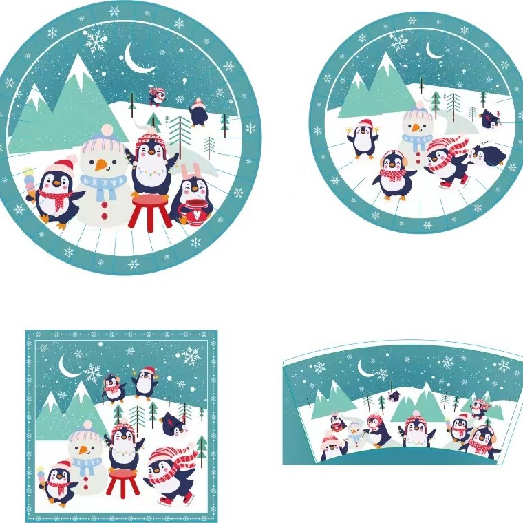 Christmas Theme Blue Snowman Penguin Disposable Tableware suit Paper Tray Paper Cup Tissue Party Decoration Supplies