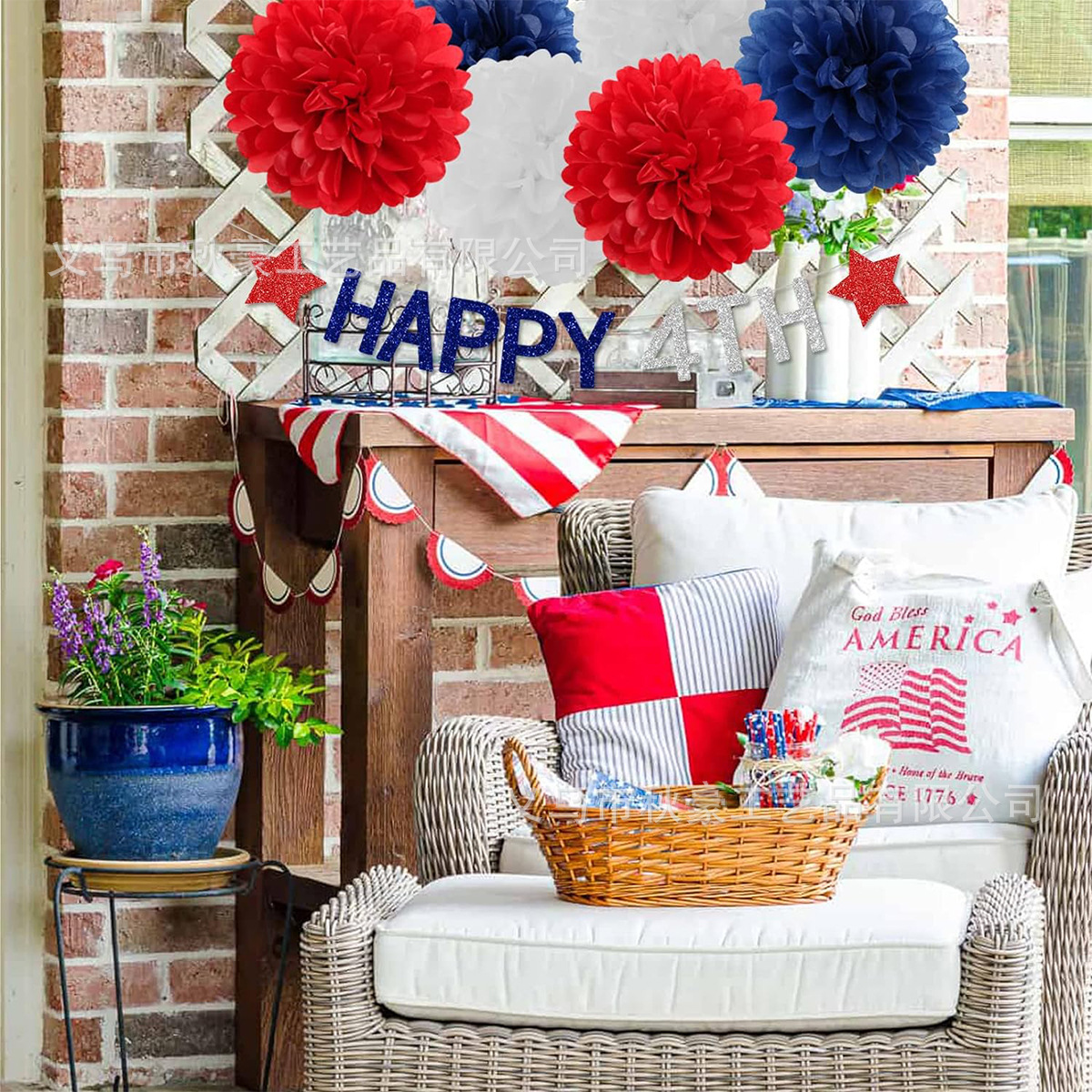 2024 nuevo rojo, azul y blanco elementos independientes de bandera de triángulo de bandera de cinco puntas transfronterizos flash decoración de fiesta de papel