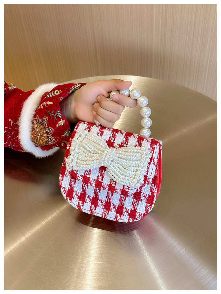 Women's Cotton And Linen Plaid Cherry Bow Knot Cute Beading Pearls Shell Flip Cover Crossbody Bag display picture 7