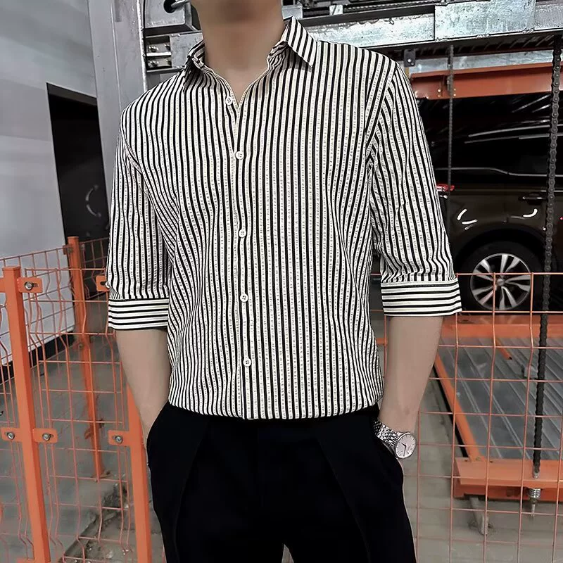 Летняя рубашка с рукавом три четверти, мужская модная полосатая рубашка с короткими рукавами и половиной рукавов, новая модная брендовая одежда высокого качества