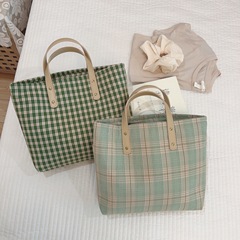 【素希布包】復古文藝綠格手提小方包皮革手提帶小號托特包媽咪包