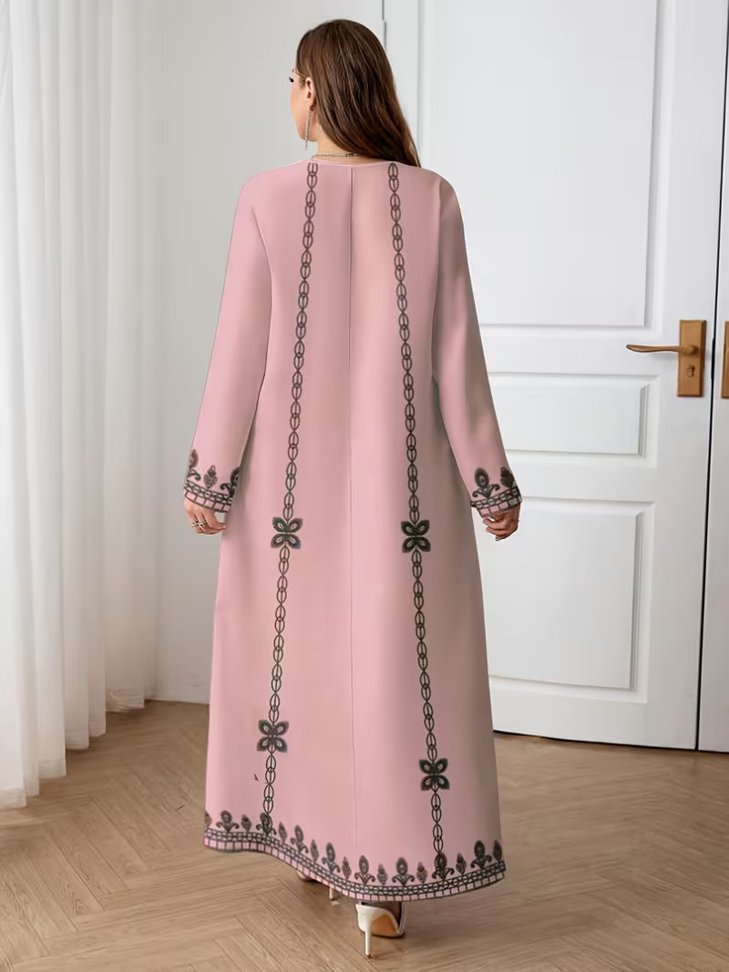 Middle Eastern Cross-border Muslim Women's V-neck Printed Loose Elegant Robe Ethnic Style Long-sleeved Dress Custom-made_ecoleips.com
