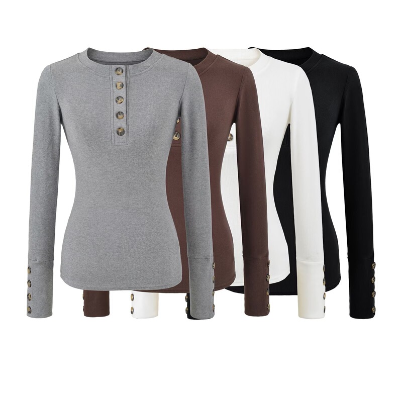 Mousse Fleece Henley Collar Button Long Sleeve 2025 Winter New Versatile Regular Shoulder T-Shirt Base Shirt Waist Slimming Mousse Fleece Henley Collar Button Long Sleeve 2025 Winter New Versatile Regular Shoulder T-Shirt Base Shirt Waist Slimming