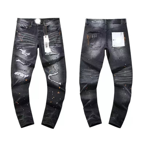 High-Grade AM Style Punk Retro Blue Ripped Slim Fit Elastic Print Dyeing Petite Men's Jeans Trend