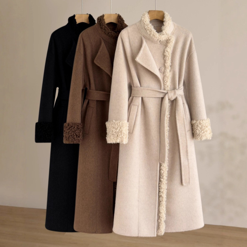 Sheep Wool Patchwork Double-Sided Wool Coat for Women, Camel Wool Fashionable Looped Wool Tie-Waist Warm Coat Sheep Wool Patchwork Double-Sided Wool Coat for Women, Camel Wool Fashionable Looped Wool Tie-Waist Warm Coat