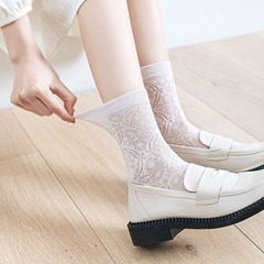 日系襪子夏季薄款女網眼透氣中筒女襪批發純色棉女士復古堆堆襪