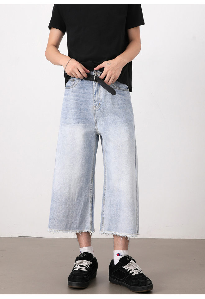 Quần short denim nam ống rộng dáng thẳng, kiểu Mỹ cổ điển, wash xước gấu, dài 8/10 — Màu xanh dương chi tiết 17