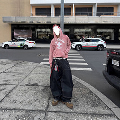 欧美跨境男女同款棉质十字架立体印花图案水洗做旧美式街头卫衣