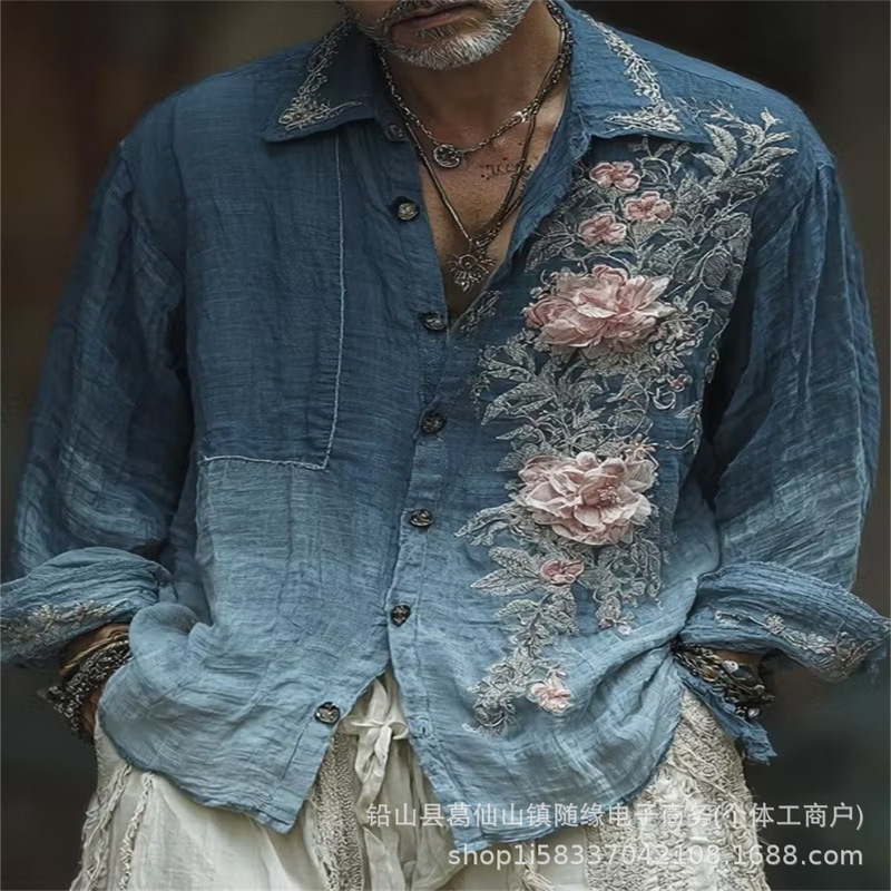 2026 Spring and Autumn New Style Navy Blue Background White Rose Print Shirt Stand Collar Casual Long Sleeve Shirt for Men and Women 2026 Spring and Autumn New Style Navy Blue Background White Rose Print Shirt Stand Collar Casual Long Sleeve Shirt for Men and Women