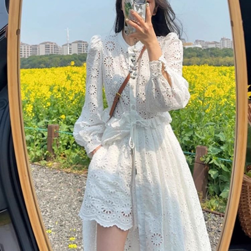 春秋新款女设计感小众镂空白色蕾丝裙法式重工长袖连衣裙套装|undefined